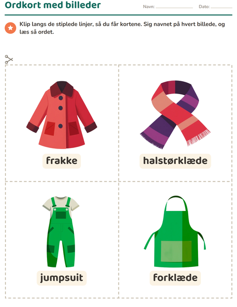 Forhåndsvisning af Ordkort med billeder-arbejdsark med Tøj til Børnehaveklasse