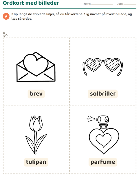 Forhåndsvisning af Ordkort med billeder-arbejdsark med Valentinsdag SH 2 til Børnehaveklasse