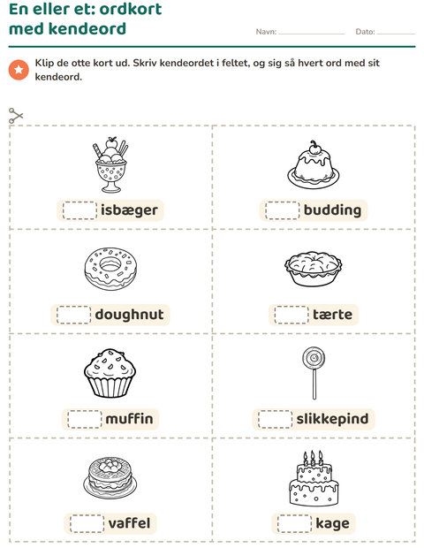 Forhåndsvisning af Ordkort med billeder-arbejdsark med Dessert (S/H) til Børnehaveklasse