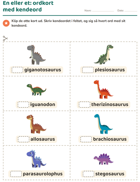 Forhåndsvisning af Ordkort med billeder-arbejdsark med Dinosaurer til Børnehaveklasse