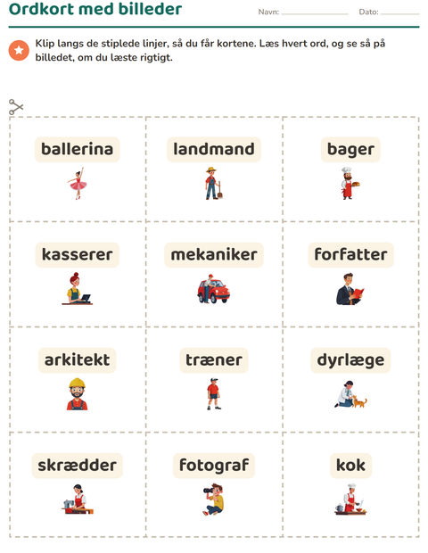 Forhåndsvisning af Ordkort med billeder-arbejdsark med Erhverv til Børnehaveklasse