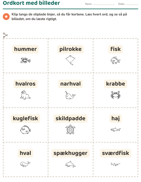 Forhåndsvisning af Ordkort med billeder-arbejdsark med Havliv SH til Børnehaveklasse