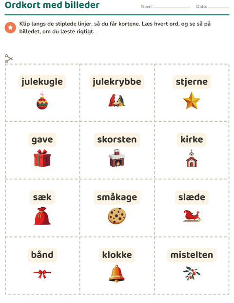 Forhåndsvisning af Ordkort med billeder-arbejdsark med Jul til Børnehaveklasse
