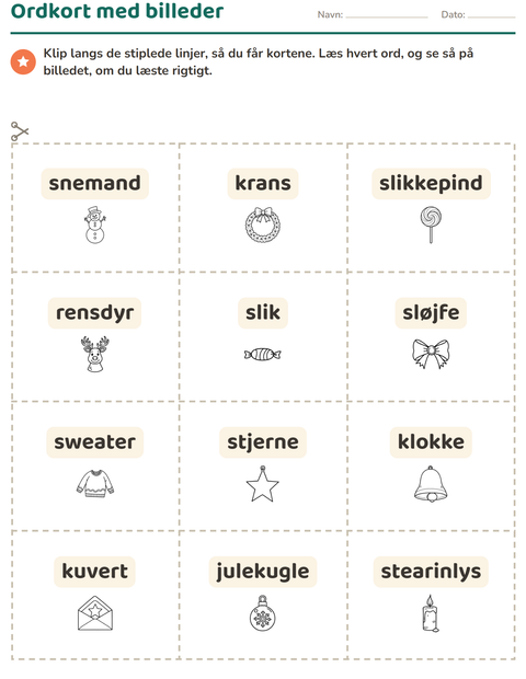 Forhåndsvisning af Ordkort med billeder-arbejdsark med Jul S/H til Børnehaveklasse