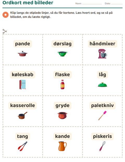 Forhåndsvisning af Ordkort med billeder-arbejdsark med Køkkenredskaber til Børnehaveklasse