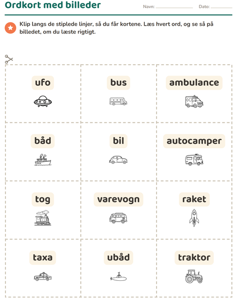 Forhåndsvisning af Ordkort med billeder-arbejdsark med Køretøjer SH 2 til Børnehaveklasse