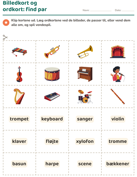 Forhåndsvisning af Ordkort med billeder-arbejdsark med Musik til Børnehaveklasse