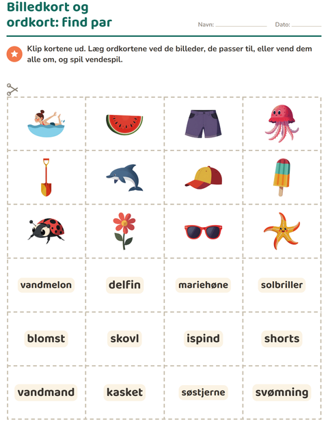 Forhåndsvisning af Ordkort med billeder-arbejdsark med Sommer til Børnehaveklasse
