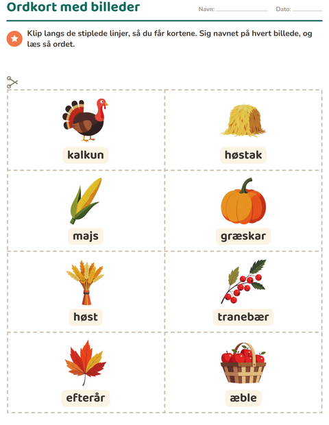 Forhåndsvisning af Ordkort med billeder-arbejdsark med Thanksgiving til Børnehaveklasse