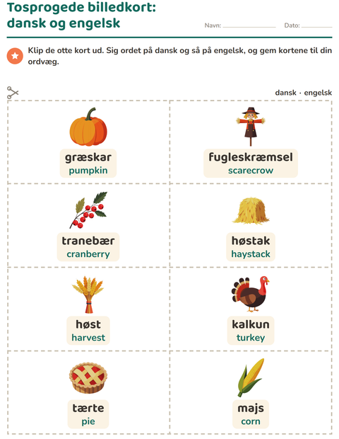 Forhåndsvisning af Ordkort med billeder-arbejdsark med Thanksgiving til Børnehaveklasse