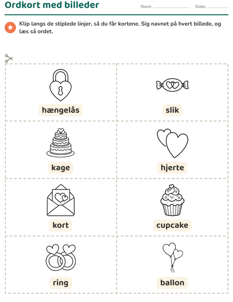Forhåndsvisning af Ordkort med billeder-arbejdsark med Valentinsdag SH til Børnehaveklasse