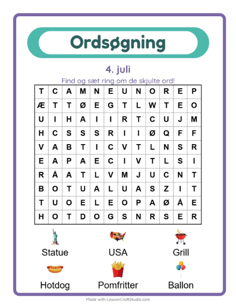 Forhåndsvisning af Ordsøgning-arbejdsark med 4. juli til 1. klasse