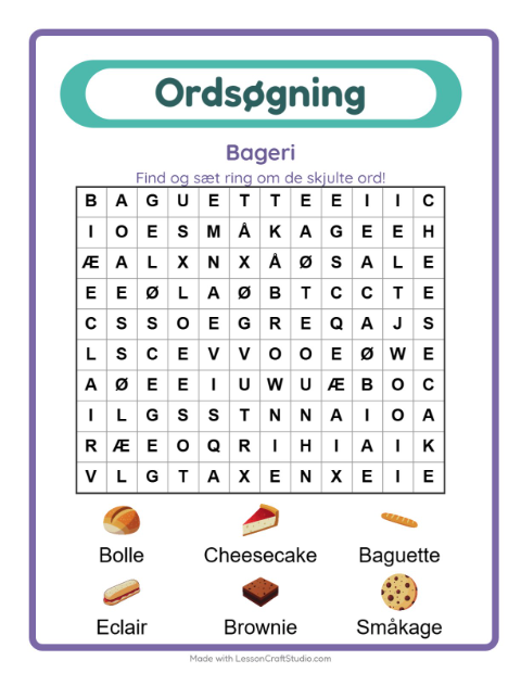 Forhåndsvisning af Ordsøgning-arbejdsark med Bageri til 1. klasse