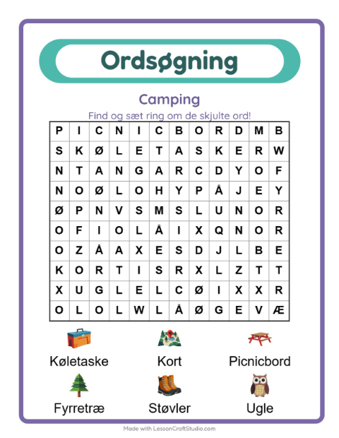 Forhåndsvisning af Ordsøgning-arbejdsark med Camping til 1. klasse