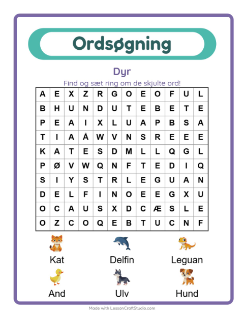 Forhåndsvisning af Ordsøgning-arbejdsark med Dyr til 1. klasse