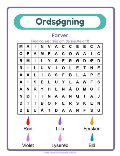Forhåndsvisning af Ordsøgning-arbejdsark med Farver til 1. klasse