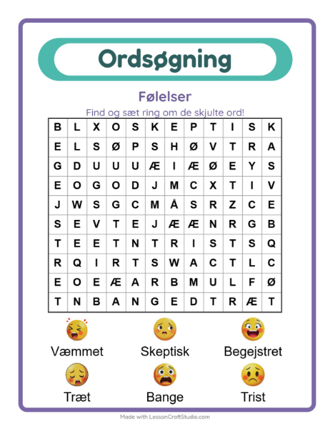 Forhåndsvisning af Ordsøgning-arbejdsark med Følelser til 1. klasse