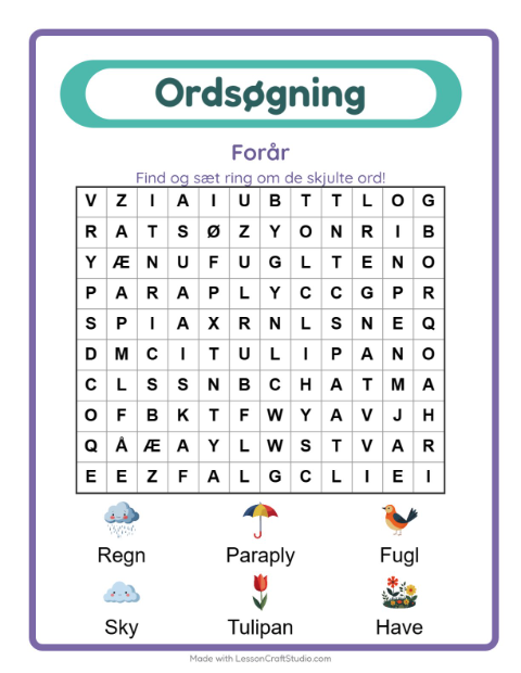 Forhåndsvisning af Ordsøgning-arbejdsark med Forår til 1. klasse