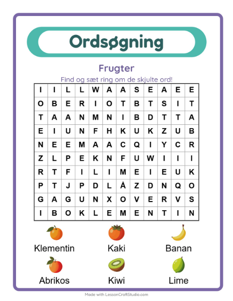 Forhåndsvisning af Ordsøgning-arbejdsark med Frugter til 1. klasse