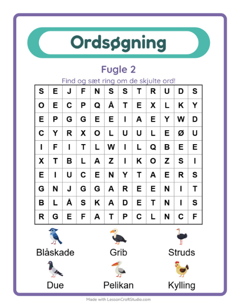 Forhåndsvisning af Ordsøgning-arbejdsark med Fugle 2 til 1. klasse