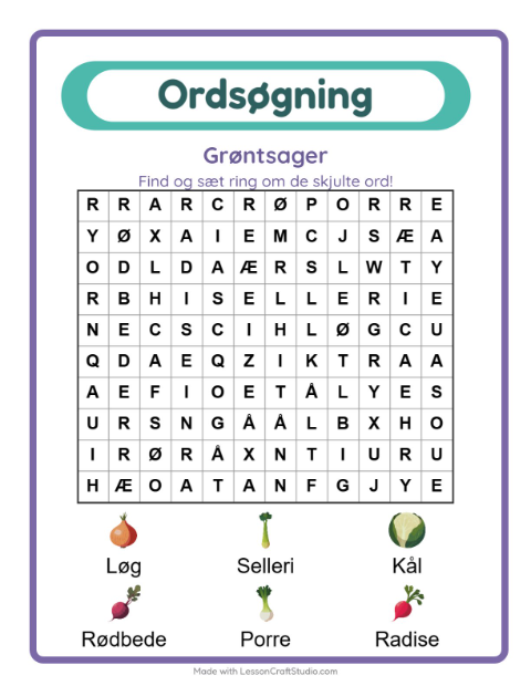 Forhåndsvisning af Ordsøgning-arbejdsark med Grøntsager til 1. klasse