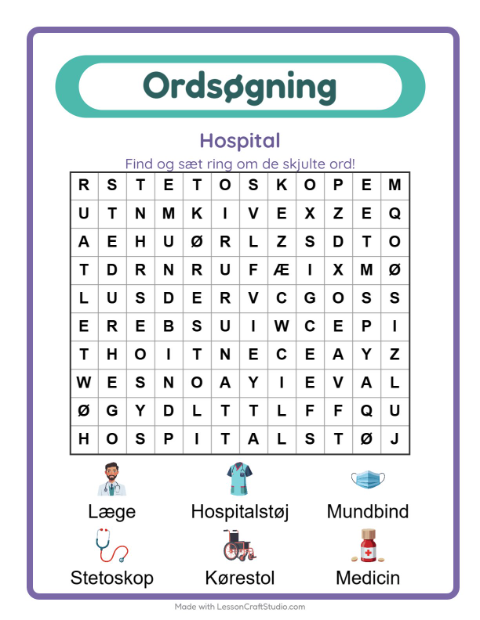 Forhåndsvisning af Ordsøgning-arbejdsark med Hospital til 1. klasse