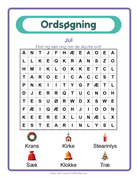 Forhåndsvisning af Ordsøgning-arbejdsark med Jul til 1. klasse