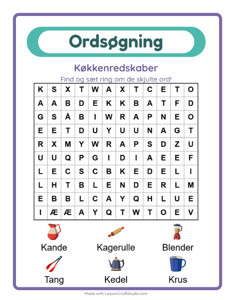 Forhåndsvisning af Ordsøgning-arbejdsark med Køkkenredskaber til 1. klasse