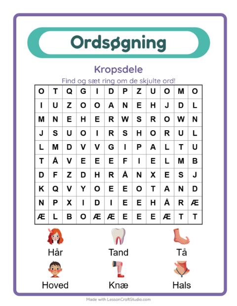 Forhåndsvisning af Ordsøgning-arbejdsark med Kropsdele til 1. klasse