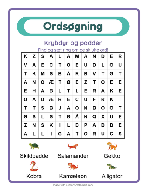 Forhåndsvisning af Ordsøgning-arbejdsark med Krybdyr og padder til 1. klasse