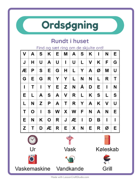 Forhåndsvisning af Ordsøgning-arbejdsark med Rundt i huset til 1. klasse