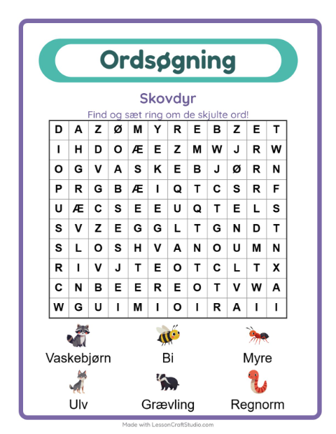 Forhåndsvisning af Ordsøgning-arbejdsark med Skovdyr til 1. klasse