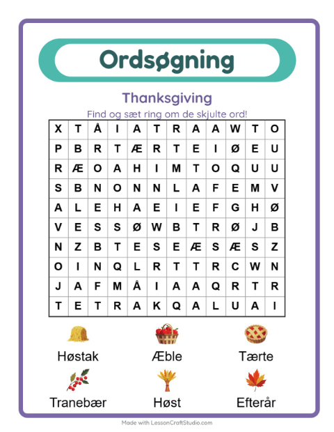 Forhåndsvisning af Ordsøgning-arbejdsark med Thanksgiving til 1. klasse