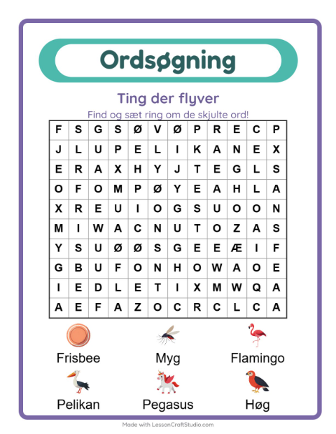 Forhåndsvisning af Ordsøgning-arbejdsark med Ting der flyver til 1. klasse