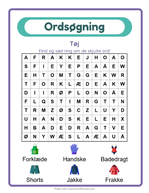Forhåndsvisning af Ordsøgning-arbejdsark med Tøj til 1. klasse