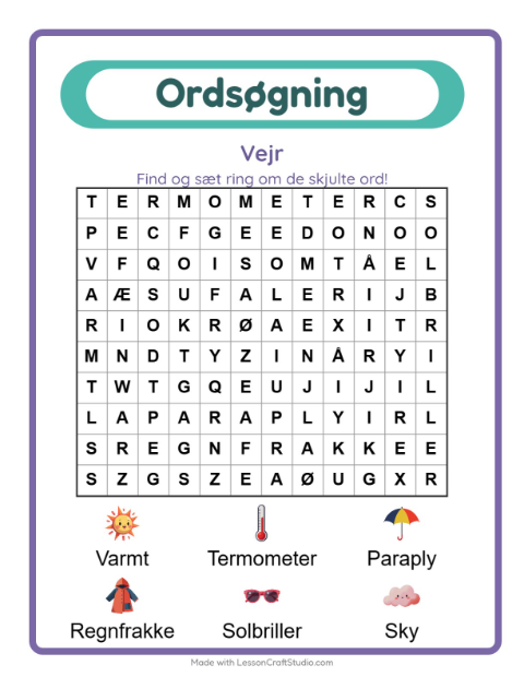 Forhåndsvisning af Ordsøgning-arbejdsark med Vejr til 1. klasse