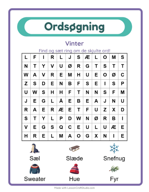 Forhåndsvisning af Ordsøgning-arbejdsark med Vinter til 1. klasse