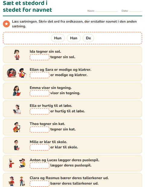 Forhåndsvisning af Personlige stedord-arbejdsark til 1. klasse