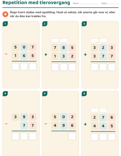 Forhåndsvisning af Repetition med tierovergang – plus og minus blandet