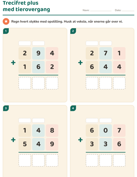 Forhåndsvisning af Regne med opstilling-arbejdsark til 3. klasse