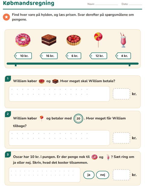 Forhåndsvisning af Regne med penge-arbejdsark med Desserter og slik til 2. klasse