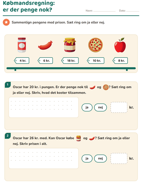 Forhåndsvisning af Regne med penge-arbejdsark med I supermarkedet til 2. klasse