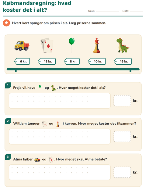 Købmandsregning – hvad koster de to ting i alt? – legetøj – 2. klasse