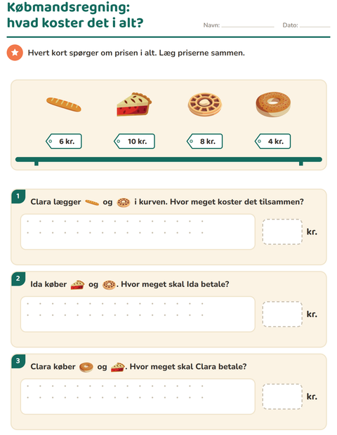 Forhåndsvisning af Regne med penge-arbejdsark med Bageri til 2. klasse