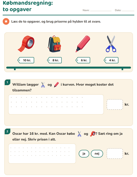 Forhåndsvisning af Regne med penge-arbejdsark med Klasseværelse til 2. klasse