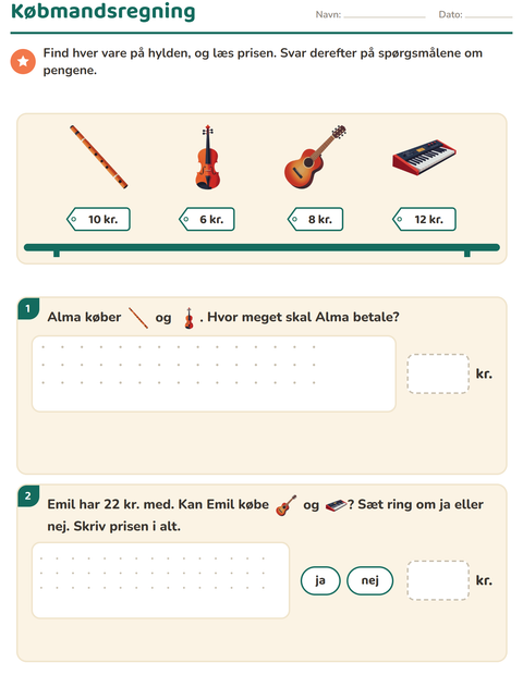 Forhåndsvisning af Regne med penge-arbejdsark med Musik til 2. klasse