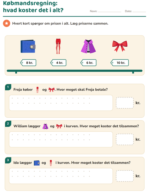 Forhåndsvisning af Regne med penge-arbejdsark med Tilbehør til 2. klasse