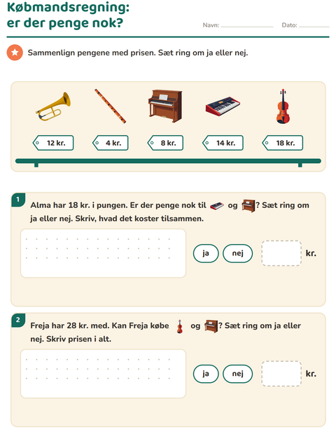 Forhåndsvisning af Regne med penge-arbejdsark med Musik til 2. klasse