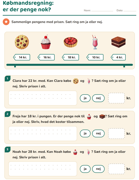 Forhåndsvisning af Regne med penge-arbejdsark med Desserter og slik til 2. klasse