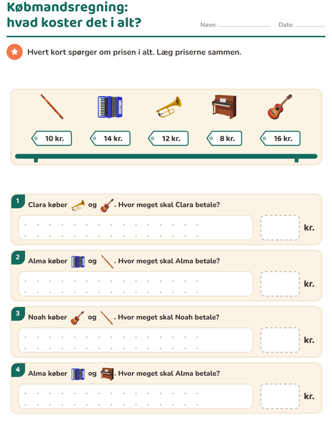 Forhåndsvisning af Regne med penge-arbejdsark med Musik til 2. klasse